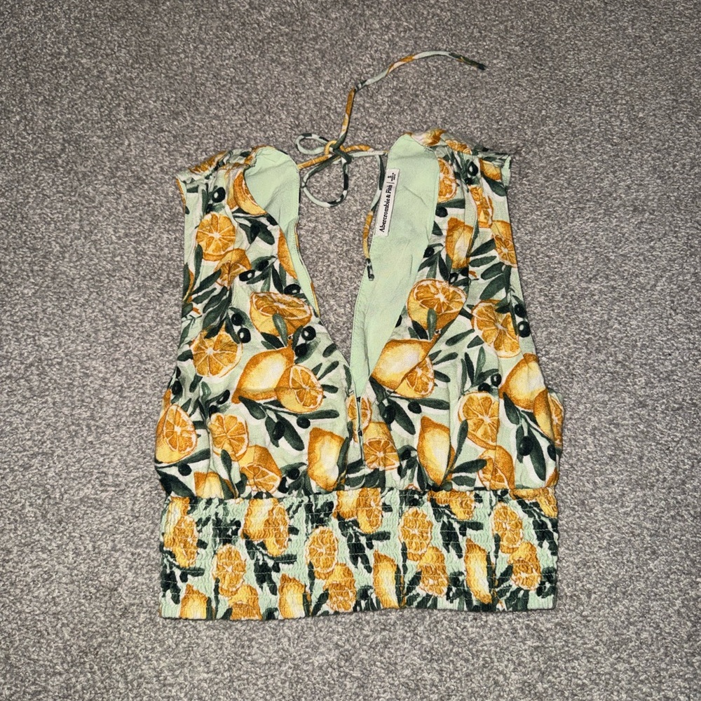 Abercrombie & Fitch Mint Lemon Print Tie-Back Crop Top
